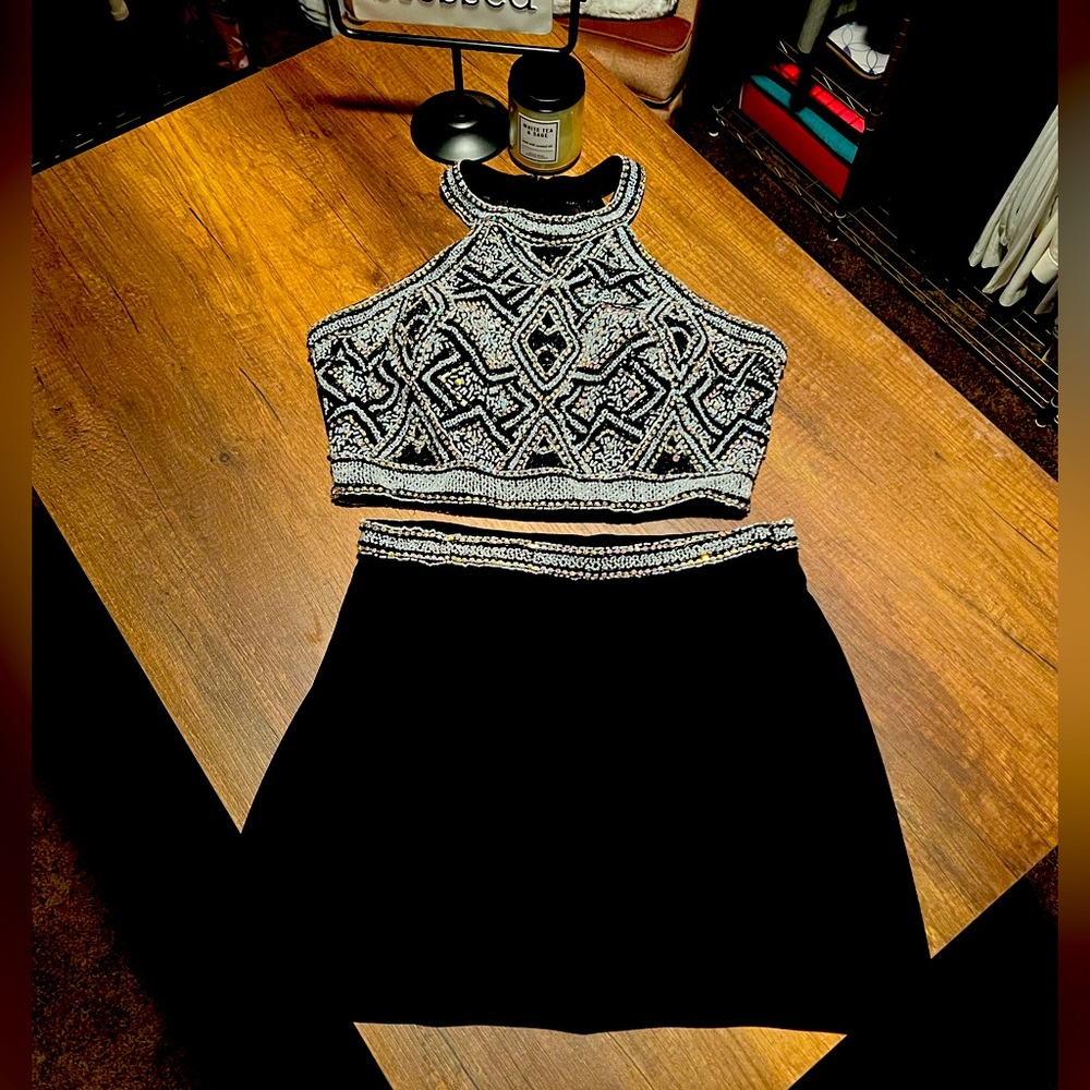 Juliet (JL767) Beaded Shirt Two Piece Halter Dress with Sheer Back